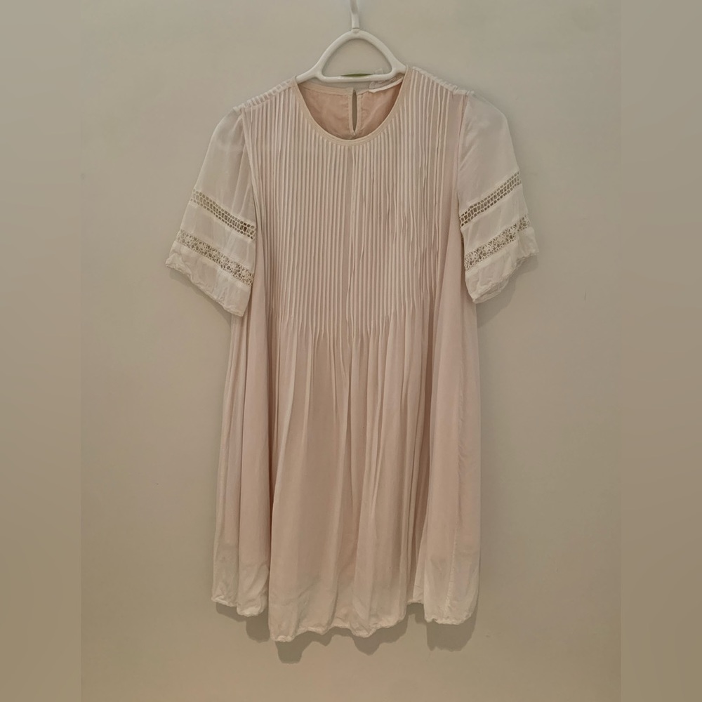 Wilfred Boho Dress in white with pink silk lining and lace detailing.
